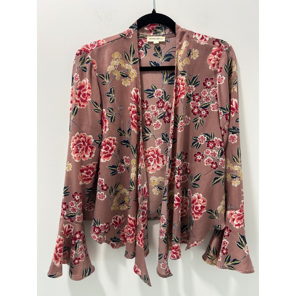 Cotton Candy LA Floral Bell Sleeve Open Front Tie Cardigan Mauve Pink Medium